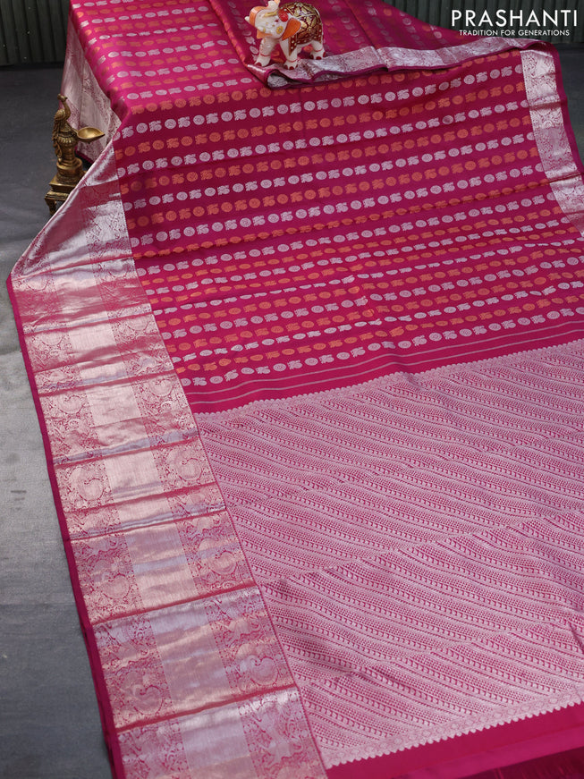 Pure kanchipuram silk saree deep purple with allover copper & silver zari woven buttas and long silver zari woven border