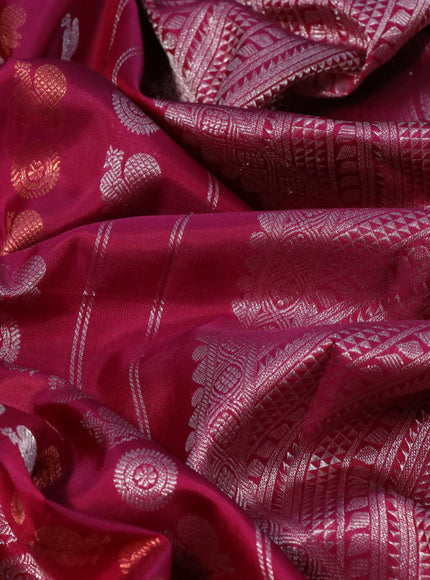 Pure kanchipuram silk saree deep purple with allover copper & silver zari woven buttas and long silver zari woven border