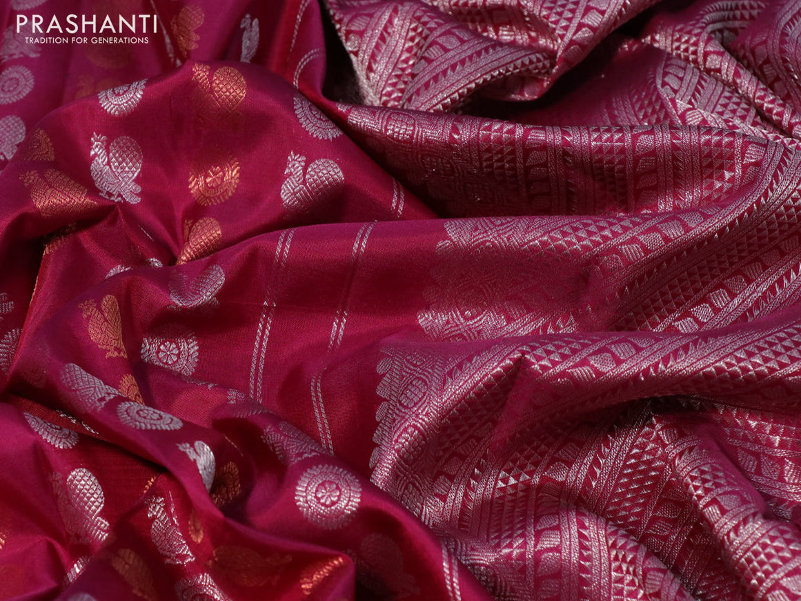 Pure kanchipuram silk saree deep purple with allover copper & silver zari woven buttas and long silver zari woven border