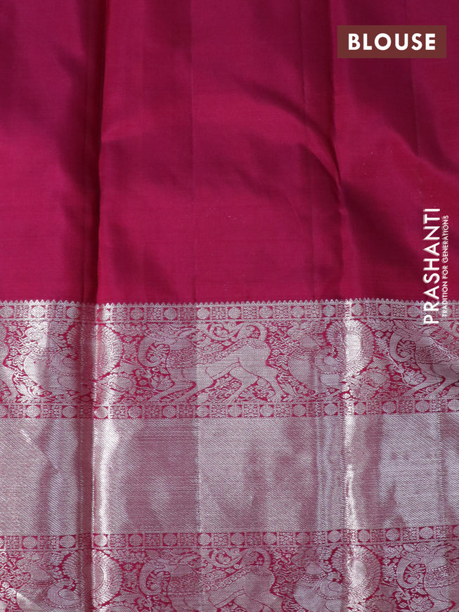 Pure kanchipuram silk saree deep purple with allover copper & silver zari woven buttas and long silver zari woven border