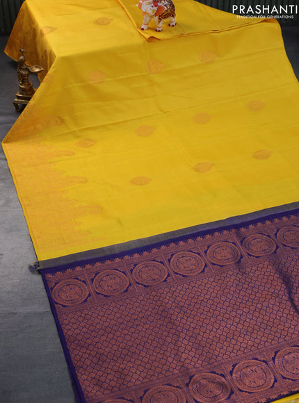 Pure kanchipuram silk saree mustard yellow and navy blue with copper zari woven buttas and copper zari wovden border