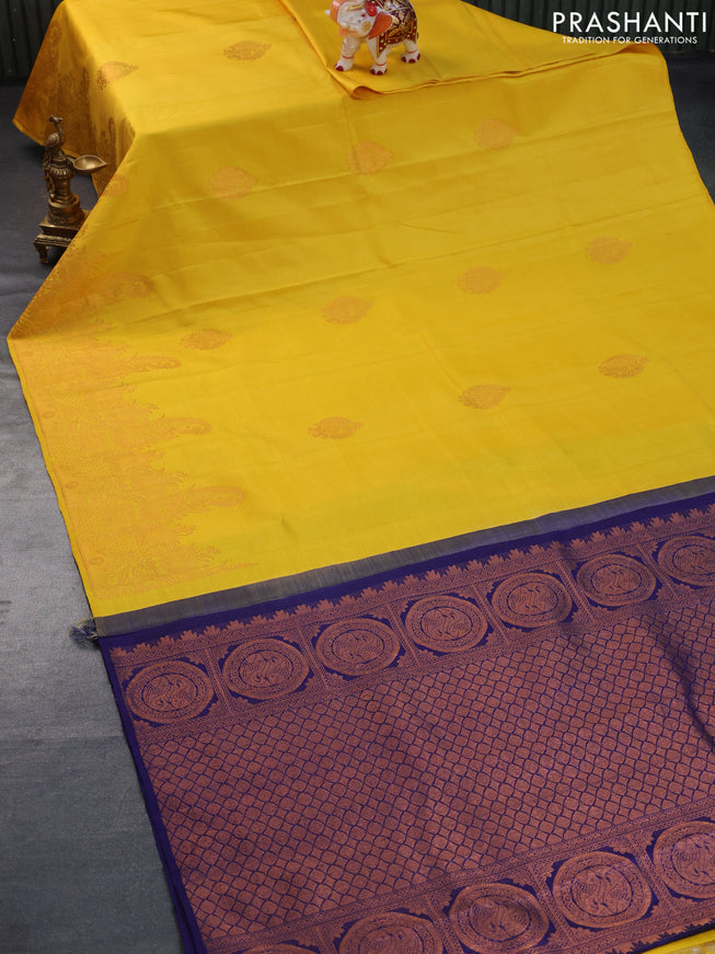 Pure kanchipuram silk saree mustard yellow and navy blue with copper zari woven buttas and copper zari wovden border