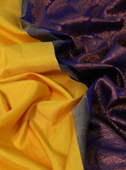 Pure kanchipuram silk saree mustard yellow and navy blue with copper zari woven buttas and copper zari wovden border