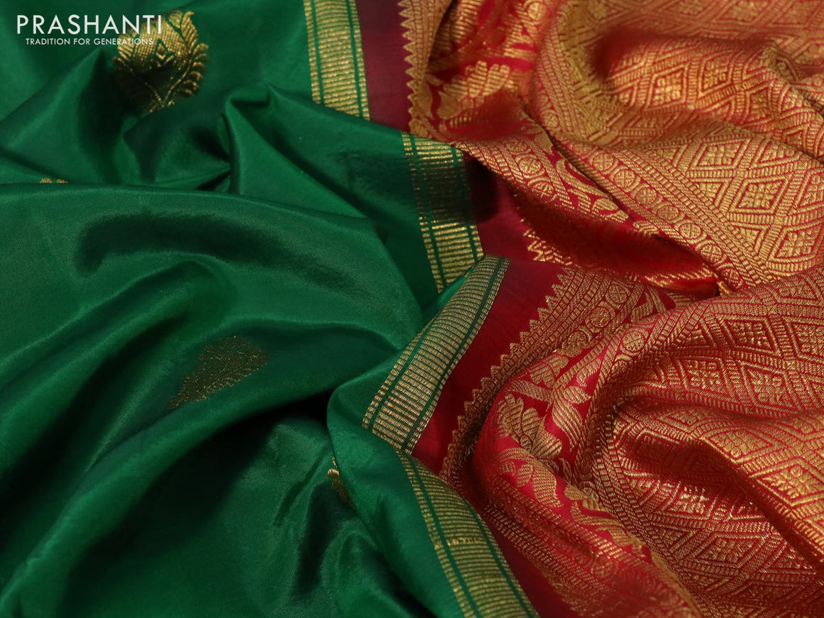 Pure kanchipuram silk saree dsrk green and maroon with zari woven buttas and rich zari woven border