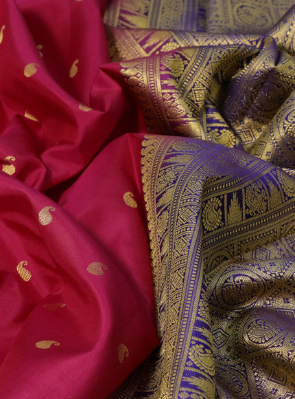 Pure kanchipuram silk saree dark pink and mustard yellow with paisley zari woven buttas and rich zari woven border