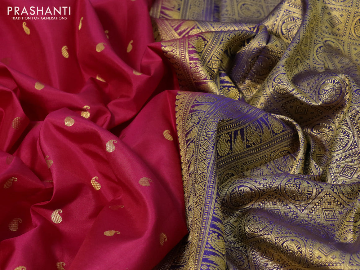 Pure kanchipuram silk saree dark pink and mustard yellow with paisley zari woven buttas and rich zari woven border