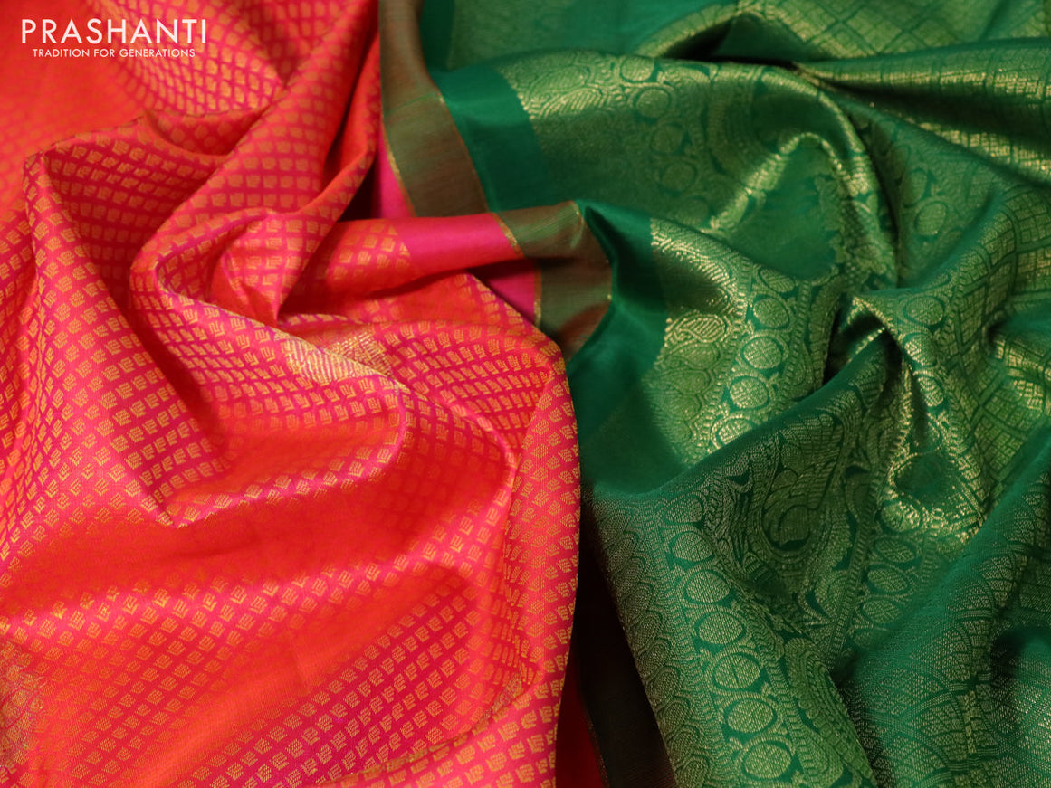 Pure kanchipuram silk saree dual shade of pinkish orange and green with allover zari woven brocade weaves and floral zari woven border