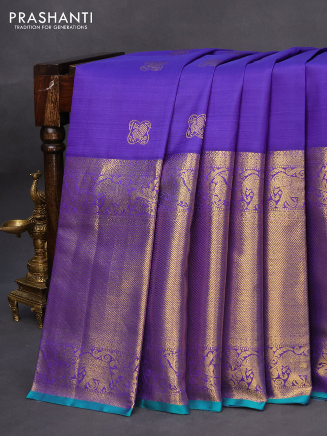 Pure kanchipuram silk saree blue and dual shade of teal blue with zari woven buttas and long rich zari woven border