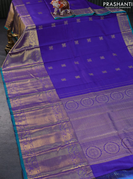 Pure kanchipuram silk saree blue and dual shade of teal blue with zari woven buttas and long rich zari woven border