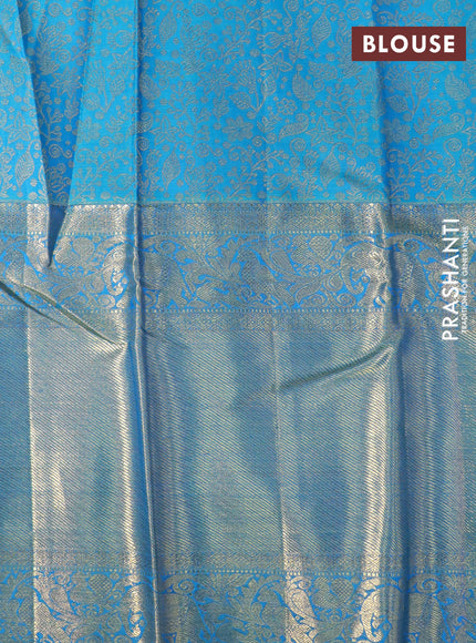 Pure kanchipuram silk saree blue and dual shade of teal blue with zari woven buttas and long rich zari woven border