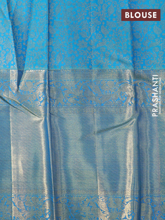 Pure kanchipuram silk saree blue and dual shade of teal blue with zari woven buttas and long rich zari woven border