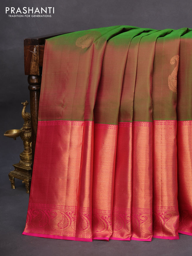 Pure kanchipuram silk saree dual shade og green and pink with paisley copper zari woven buttas and long rich copper zari woven border