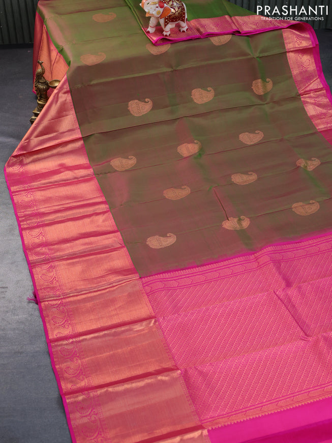 Pure kanchipuram silk saree dual shade og green and pink with paisley copper zari woven buttas and long rich copper zari woven border