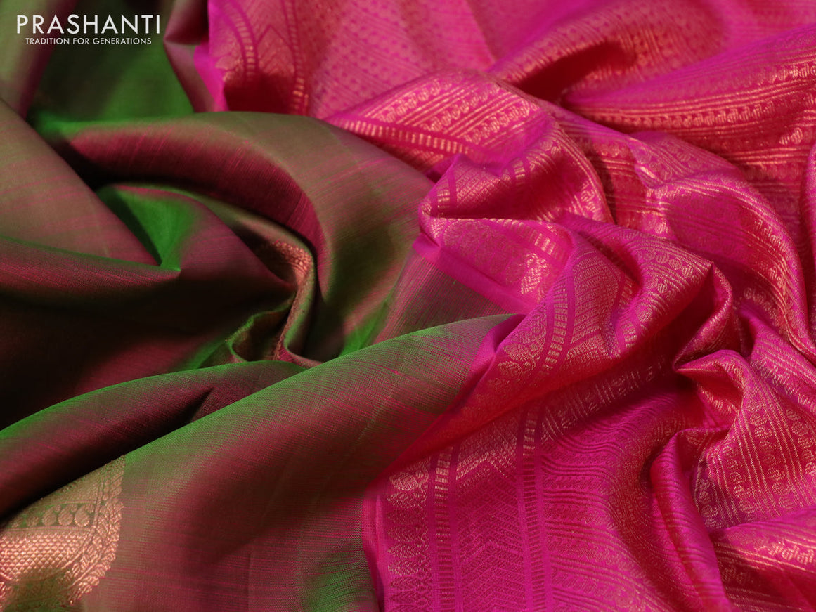 Pure kanchipuram silk saree dual shade og green and pink with paisley copper zari woven buttas and long rich copper zari woven border