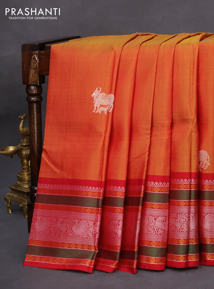 Pure kanchipuram silk saree dual shade of dark mustard yellow and maroon with thread woven buttas and thread woven border