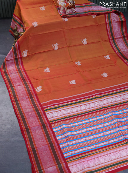 Pure kanchipuram silk saree dual shade of dark mustard yellow and maroon with thread woven buttas and thread woven border