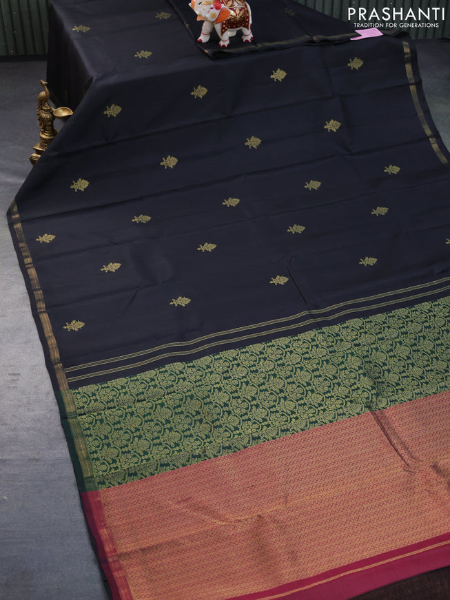 Pure kanchipuram silk saree black and maroon with zari woven buttas and zari woven border