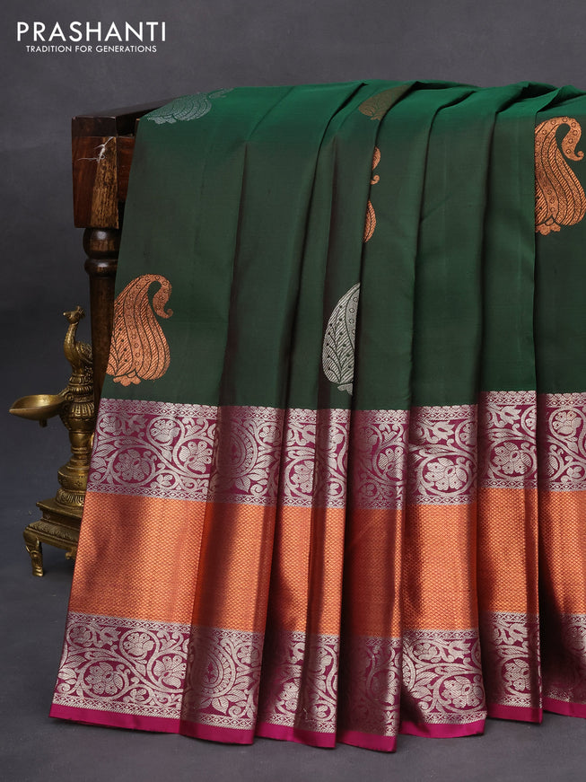 Pure kanchipuram silk saree dark green and purple with silver & gold zari woven buttas and long zari woven border