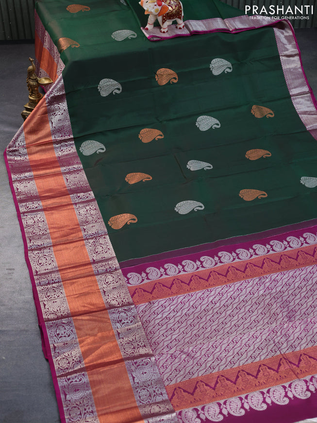 Pure kanchipuram silk saree dark green and purple with silver & gold zari woven buttas and long zari woven border