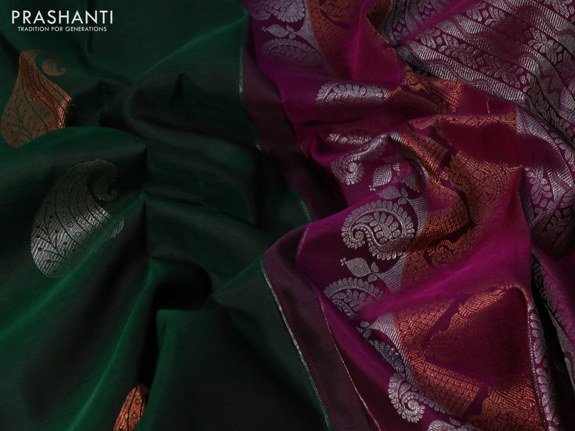 Pure kanchipuram silk saree dark green and purple with silver & gold zari woven buttas and long zari woven border