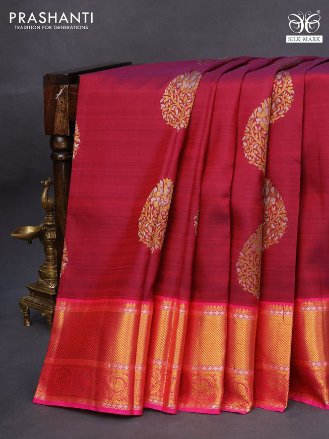 Pure kanchipuram silk saree maroon shade and pink with silver & gold zari woven buttas and rich zari woven border