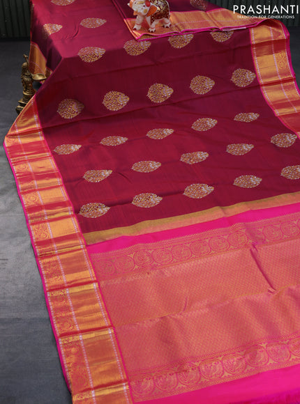 Pure kanchipuram silk saree maroon shade and pink with silver & gold zari woven buttas and rich zari woven border