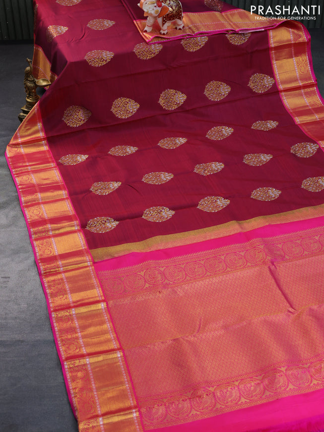 Pure kanchipuram silk saree maroon shade and pink with silver & gold zari woven buttas and rich zari woven border