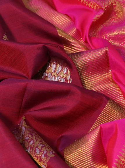 Pure kanchipuram silk saree maroon shade and pink with silver & gold zari woven buttas and rich zari woven border