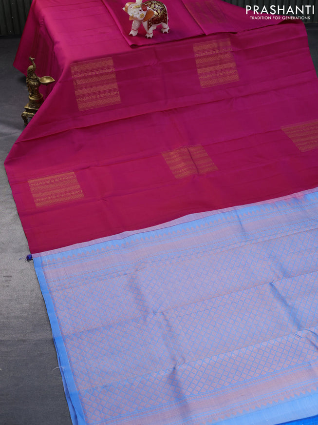 Pure kanchipuram silk saree pink and blue with copper zari woven box type buttas in borderless style