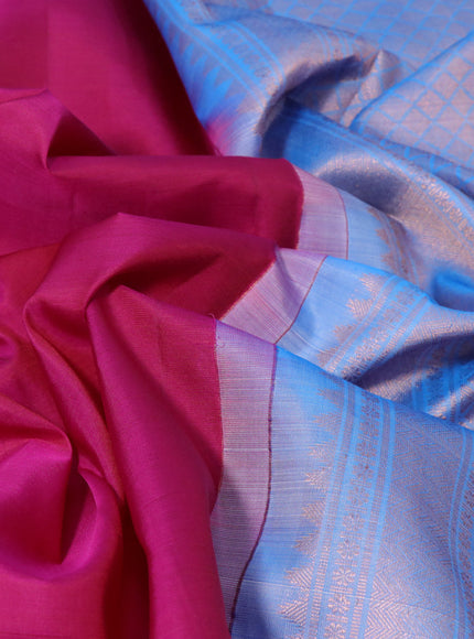 Pure kanchipuram silk saree pink and blue with copper zari woven box type buttas in borderless style