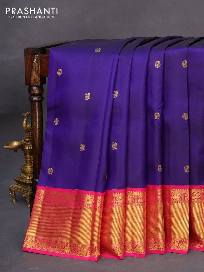 Pure kanchipuram silk saree dark blue with zari woven buttas and zari woven ganga jamuna border