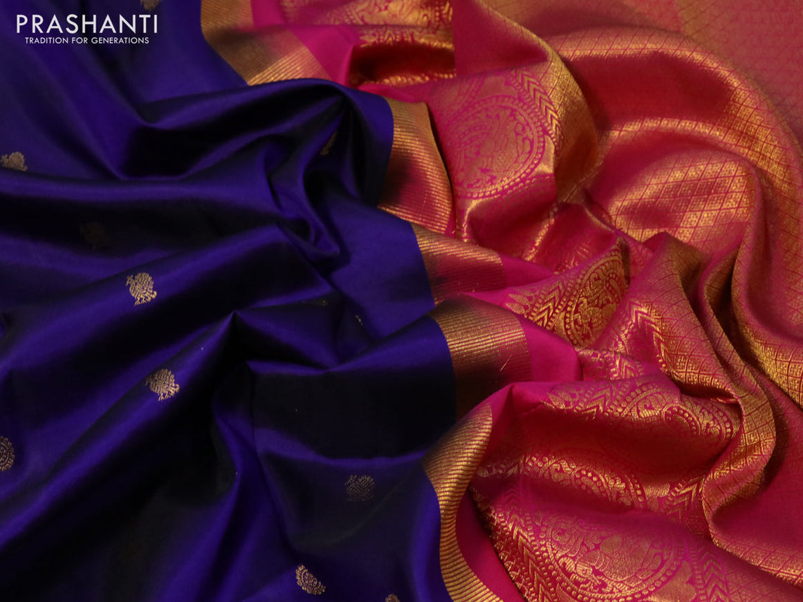 Pure kanchipuram silk saree dark blue with zari woven buttas and zari woven ganga jamuna border