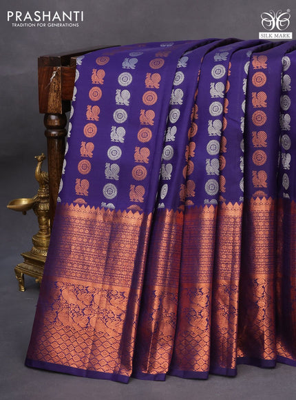 Pure kanchipuram silk saree navy blue with allover silver & copper zari woven 1000 buttas and copper zari woven border