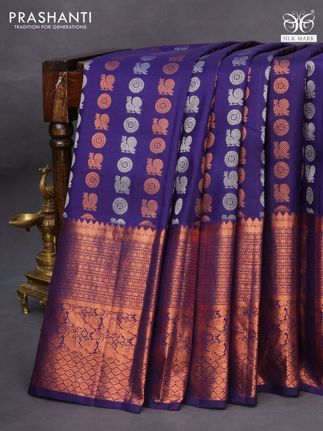 Pure kanchipuram silk saree navy blue with allover silver & copper zari woven 1000 buttas and copper zari woven border