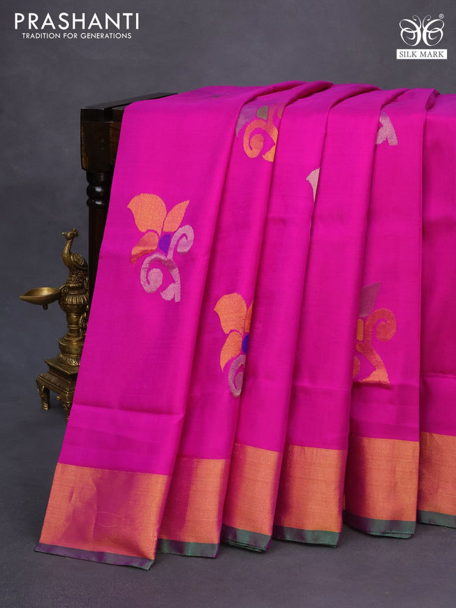 Pure uppada silk saree pink and dark green with jamdhani buttas and zari woven boder & jamdhani design pallu