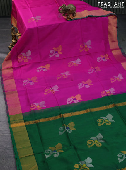 Pure uppada silk saree pink and dark green with jamdhani buttas and zari woven boder & jamdhani design pallu