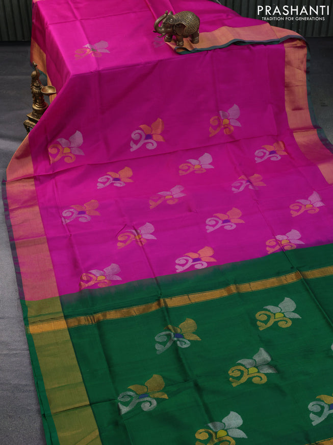 Pure uppada silk saree pink and dark green with jamdhani buttas and zari woven boder & jamdhani design pallu