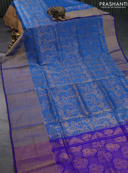 Pure uppada silk saree cs blue and blue with allover zari woven brocade weaves and long zari woven border