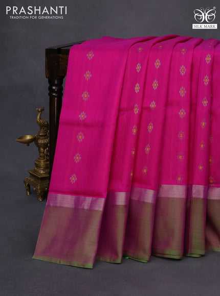 Pure uppada silk saree pink and parrot green with allover thread & silver zari woven buttas and silver zari woven simple border