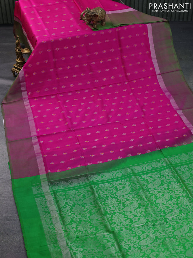 Pure uppada silk saree pink and parrot green with allover thread & silver zari woven buttas and silver zari woven simple border