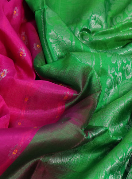 Pure uppada silk saree pink and parrot green with allover thread & silver zari woven buttas and silver zari woven simple border