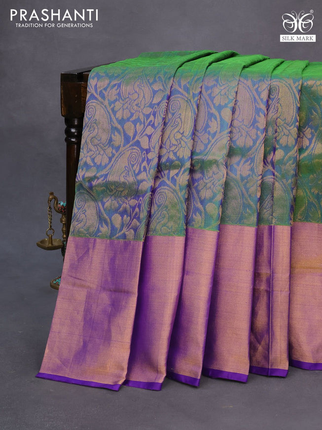 Pure uppada silk saree dual shade of green and blue with allover zari woven brocade weaves and long zari woven border