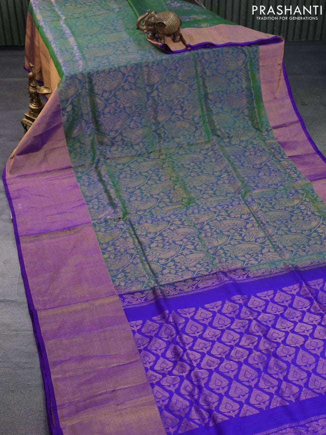 Pure uppada silk saree dual shade of green and blue with allover zari woven brocade weaves and long zari woven border