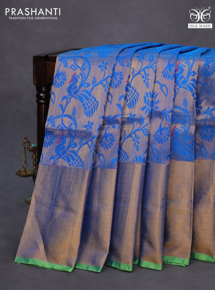 Pure uppada silk saree cs blue and green with allover zari woven brocade weaves and long zari woven border