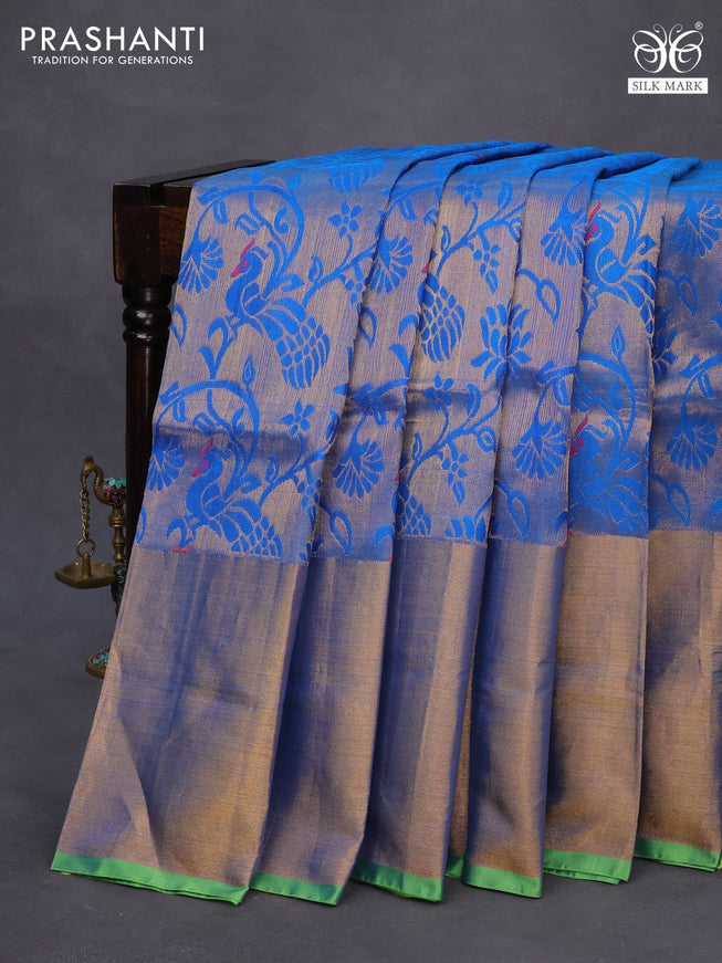 Pure uppada silk saree cs blue and green with allover zari woven brocade weaves and long zari woven border