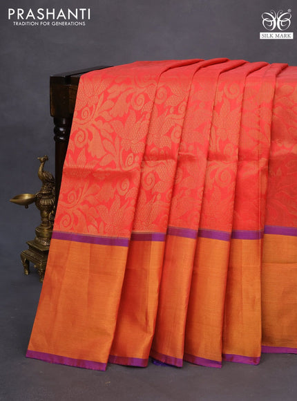 Pure uppada silk saree red shade and blue with allover zari woven brocade weaves and long zari woven border