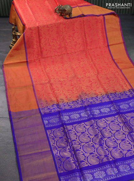 Pure uppada silk saree red shade and blue with allover zari woven brocade weaves and long zari woven border