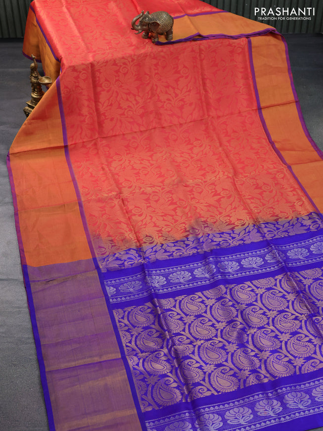 Pure uppada silk saree red shade and blue with allover zari woven brocade weaves and long zari woven border