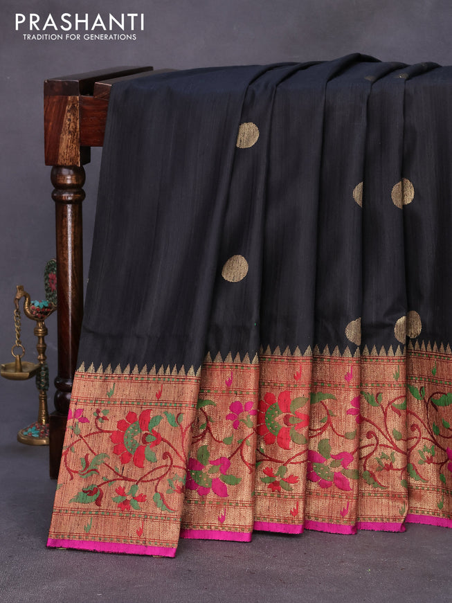 Banarasi handloom dupion silk saree black and pink with zari woven coin buttas and zari woven floral paithani border