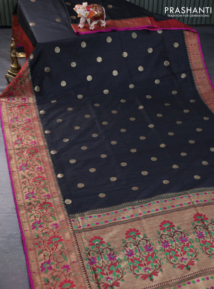 Banarasi handloom dupion silk saree black and pink with zari woven coin buttas and zari woven floral paithani border